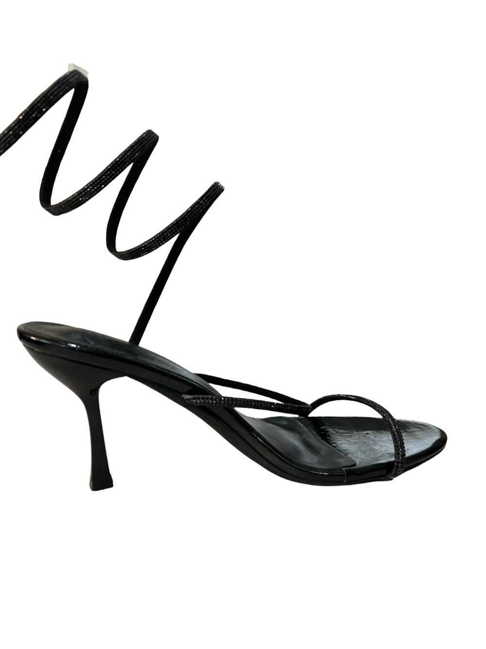 GB Gianni Bini Black Rhinestone Spiral Ankle Wrap Stiletto Heels Sandals Size 11